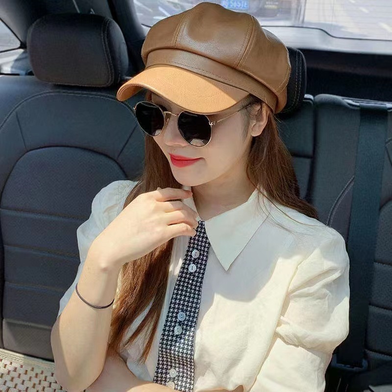 카키 가죽 팔각형 모자