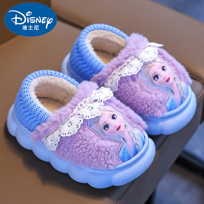 Bolsos de invierno de niñas zapatos de algodón cálidos peluche casa princesa Elsa zapatillas de algodón de espesor para niños