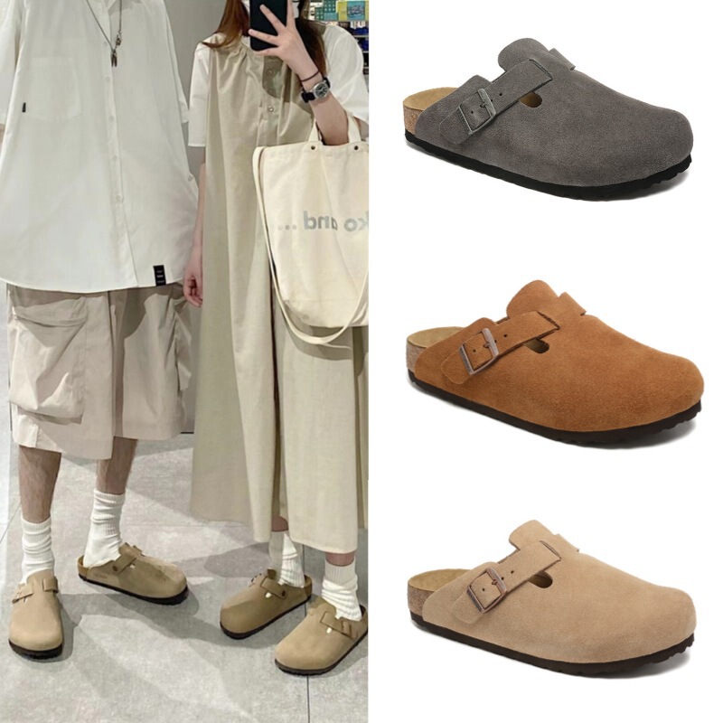 Narrow and Wide Versions of Soft-Soled Bk Birkenstock Clogs, Genuine Leather Cork Boston Half-Slip Birkenstock Shoes for Men and Women, Flat-Soled