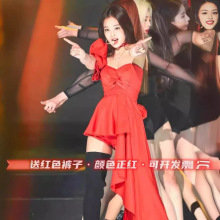 Jennie同款打歌服红色露肩不规则连衣裙 blackpink女团演出服舞台