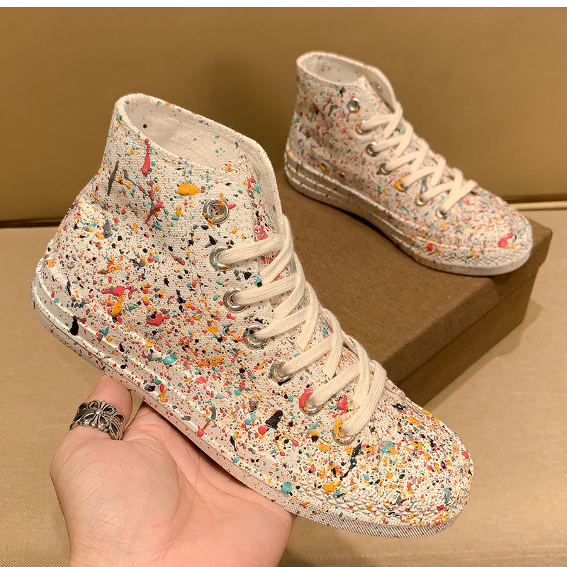 European High-Top Canvas Splash Paint Hand-Painted White Internet Celebrity Hot Style Personality Trendy Brand Unisex_voghion.com