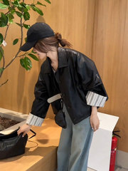 欧洲站设计感袖口撞色拼接翻领皮衣外套女2025春季新款夹克上衣新