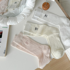 夏季薄款蝴蝶結芭蕾風JK甜美少女透氣網眼中筒堆堆襪子韓系奶油風
