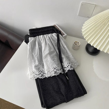 OOTD韩版屁帘拼接松紧腰带直筒加厚蕾丝假两件卫裤女阔腿裤潮5248