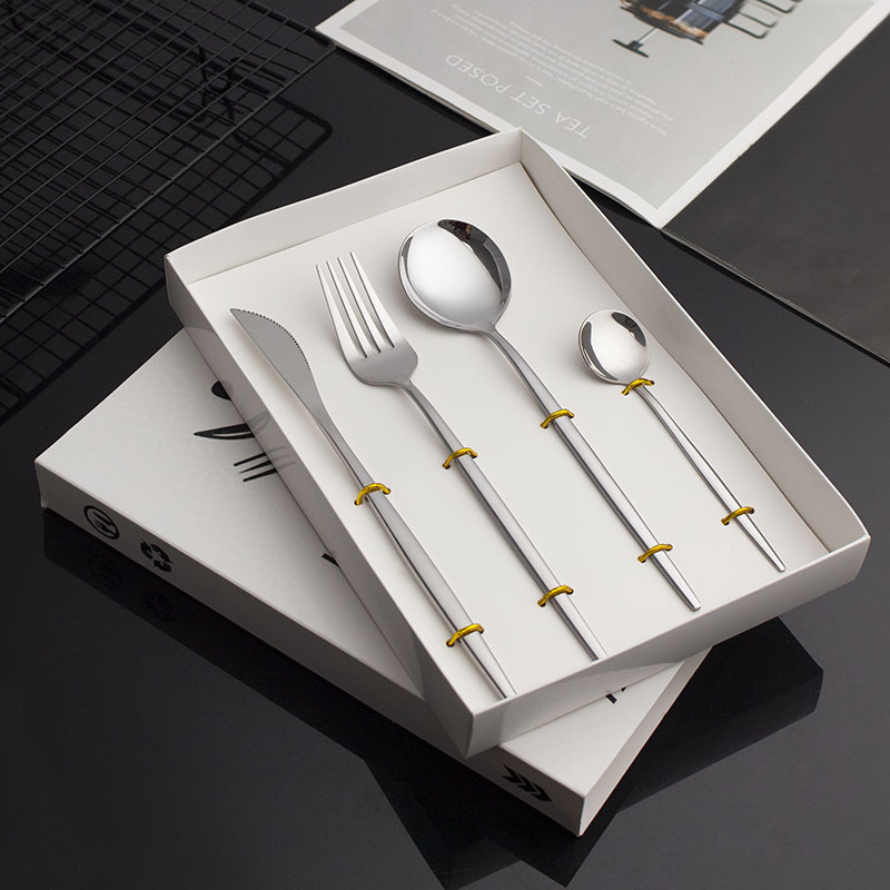 Amazon transfronterizo falso portugués 410 cubiertos de acero inoxidable cuchillo y tenedor cucharas 4 piezas set cuchillo y tenedor cucharas de filete set