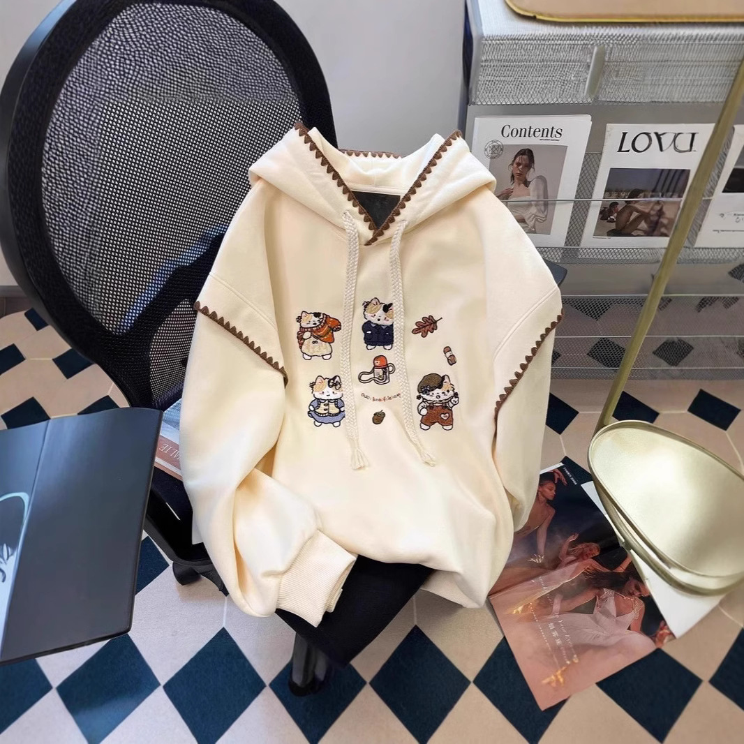 设计感小众卡通猫咪刺绣卫衣女早秋季甜美奶乖小个子连帽外套上衣