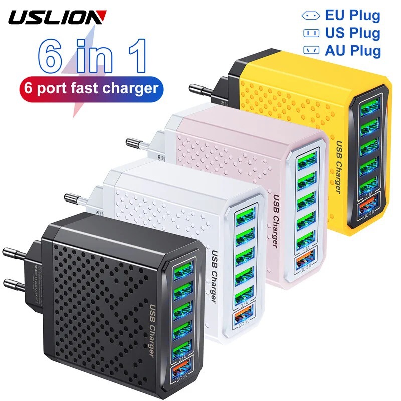 Cross-Border Supply 6-Port USB Mesh Qc3.0 Charger 6-in-1 Multi-Port Charging Head 5V3A Fast Charging Charging Head