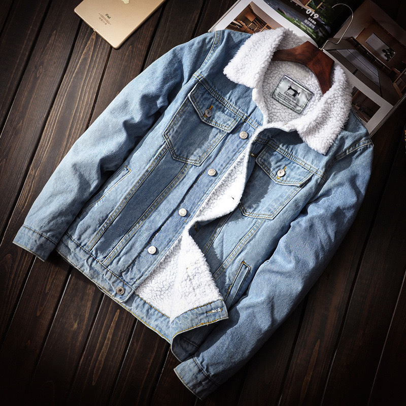 Trendy men's winter light-colored lamb wool denim jacket Korean version of large size jacket velvet padded foreign trade jacket