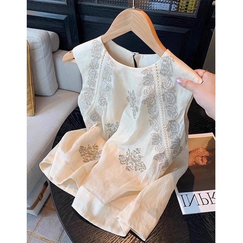 深セン南友ハイボード婦人服！花刺繍リネンノースリーブラウンドネックベスト女性の夏の新しい気質薄いトップ|undefined