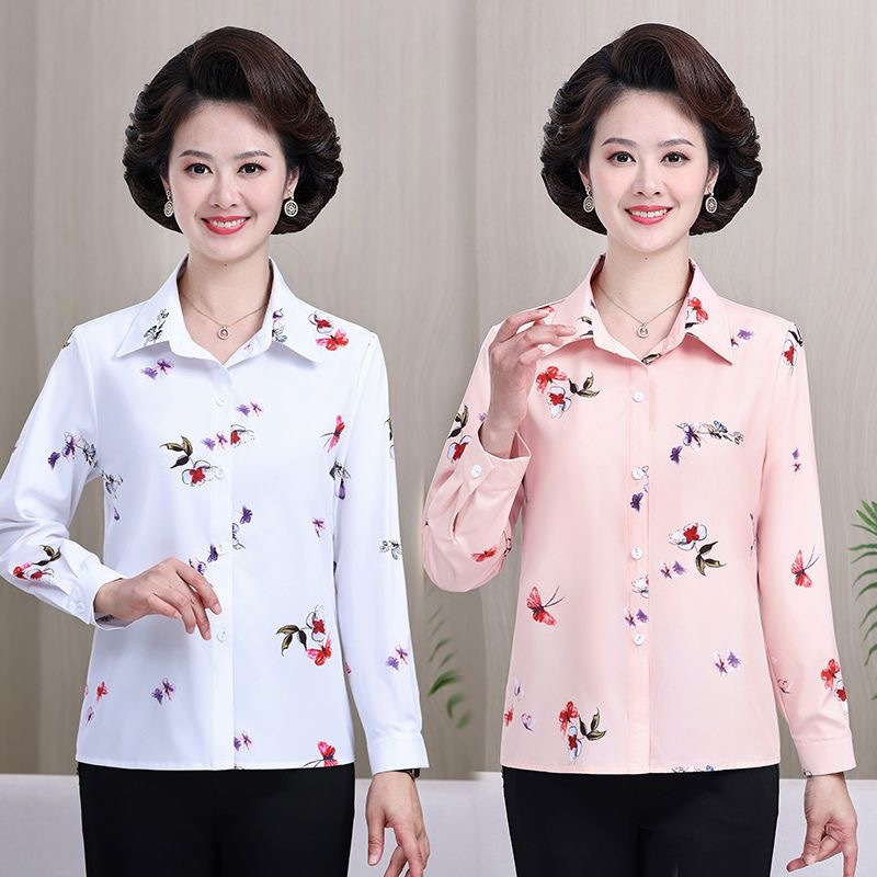 Middle-aged and elderly one-piece mother's summer shirt cardigan long sleeve shirt spring shirt fashion mother summer