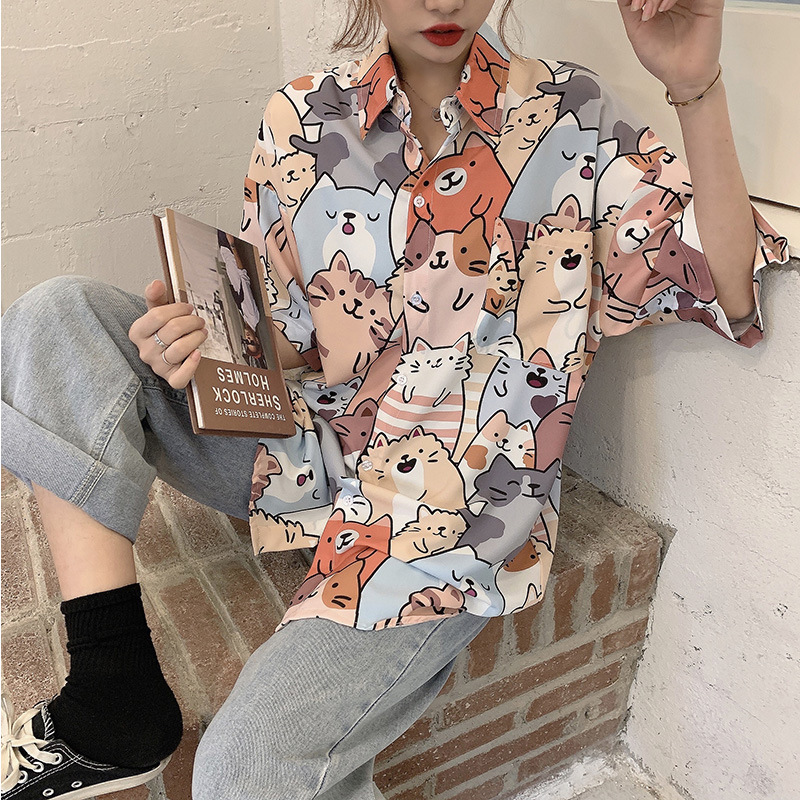 Women's Shirt New Style 2026 Summer Design Niche Cat Print Loose Korean Style Hong Kong Style Petite Short-Sleeve Shirt