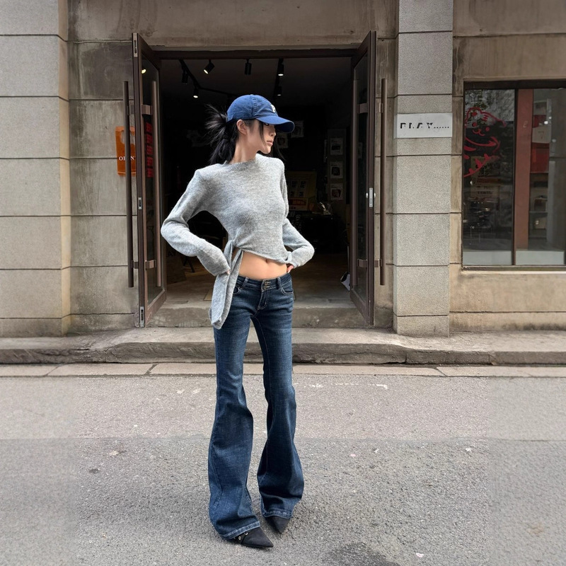 American Retro Dark Low-Waist Jeans for Women 2025 Autum New Stretchy Slim Fit Flared Horseshoe Pants