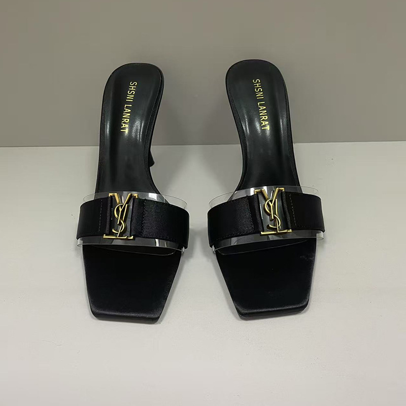 2025 New Summer Style European and American Style Square Toe Open-Toe Sexy High-Heeled Sandals One-Line Metal Stiletto Outer Slippers