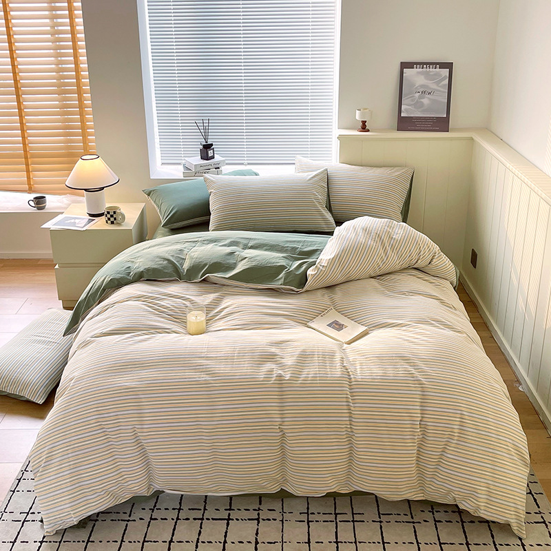 Juego de tres piezas de algodón lavado teñido en hilo, dormitorio de estudiantes universitarios, juego de literas, sábana, sábana, sábana, juego de cuatro piezas