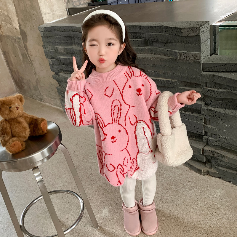 Suéter de punto para niñas con diseño de conejito, abrigado – moda otoño-invierno 2024.