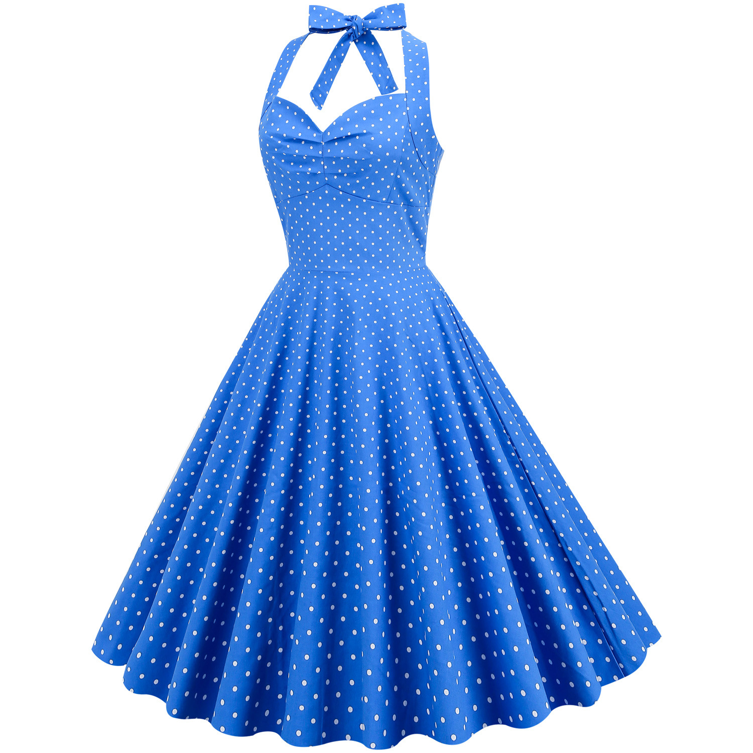 Robe vintage style Hepburn, taille haute cintrée, imprimée, col halter, dos nu, jupe ample_voghion.com