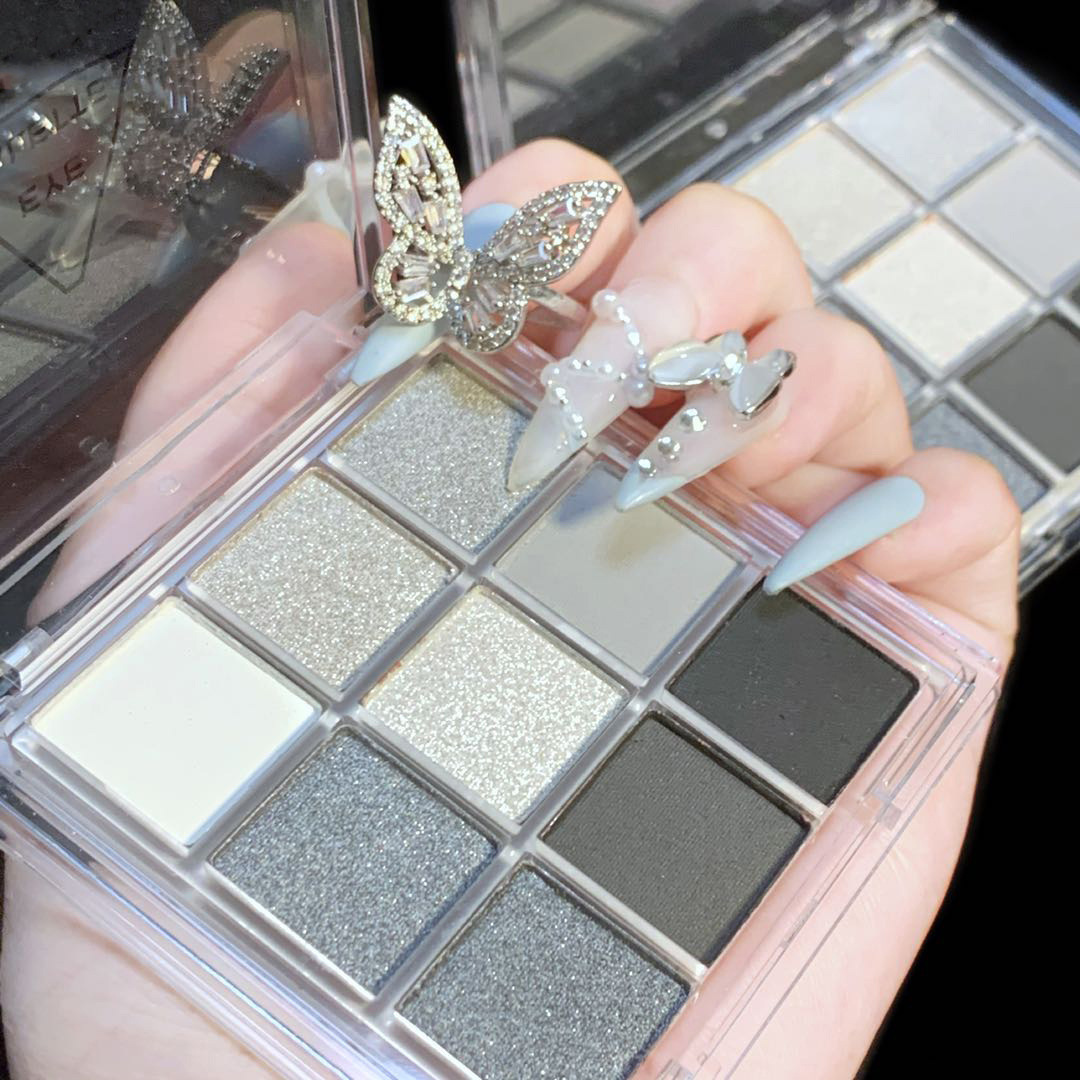 HUDA STORY Smoked Nine-color Eyeshadow palette, Black, White, Gray, Silver, beads, matte Halloween Party stage makeup Specification drawing