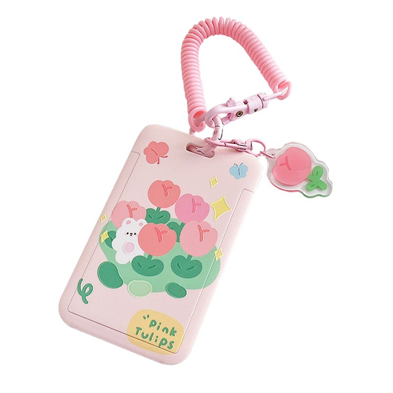Tulipán titular de la tarjeta cuerda elástica estudiante Tarjeta de la escuela autobús comida tarjeta cubierta protectora llavero insignia Certificado conjunto lindo hembra