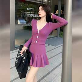 法式紫色领针织连衣裙子女新款早秋小个子修身包臀打底短裙