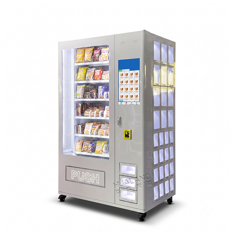 Máquina expendedora de bebidas de venta directa de fábrica Hualang con pantalla táctil de 21.5 pulgadas para productos a temperatura ambiente.