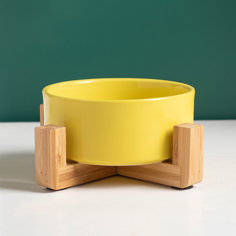 Tazón recto amarillo + estante de madera de un solo tazón
