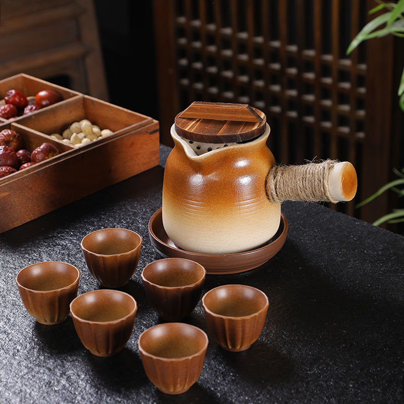 [con cubierta] horno de té de leche de horno de cocción de té de horno de cerámica gruesa de fuego abierto mango lateral del conjunto de tazas de té al por mayor