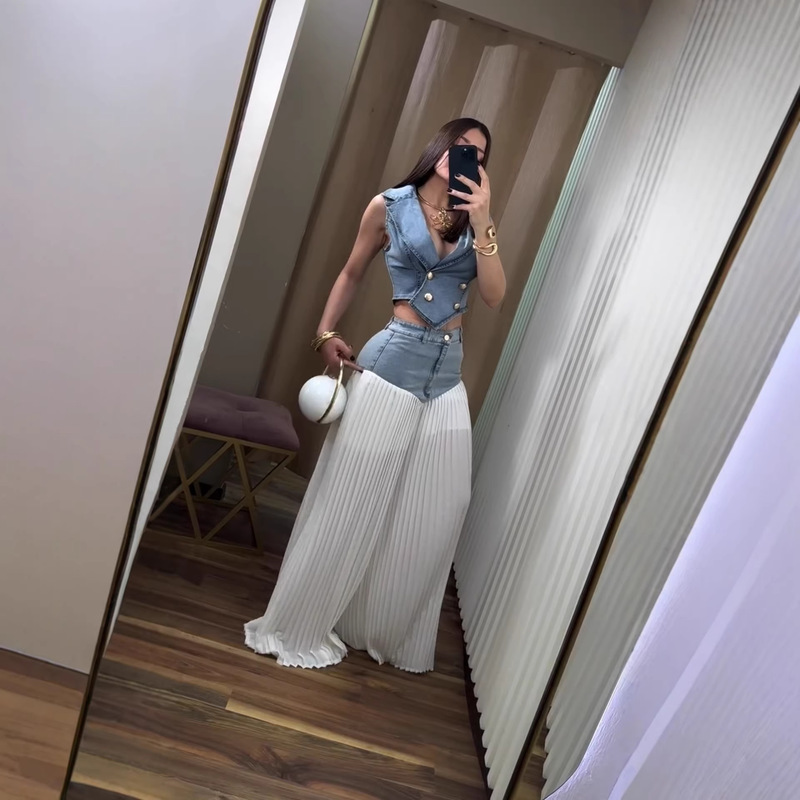 26 Years of Cross-Border Foreign Trade, New High-Waisted Denim Pleated Skirt Pants and Denim Jacket Set, Two-Piece Set 26 Years of Cross-Border Foreign Trade, New High-Waisted Denim Pleated Skirt Pants and Denim Jacket Set, Two-Piece Set