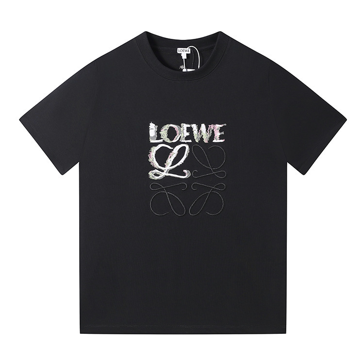 Loe Luojia 2025 夏の刺繍カラーブロックレターピュアコットンラウンドネック半袖男性と女性の多用途ハイエンド T シャツの正しいバージョン|undefined