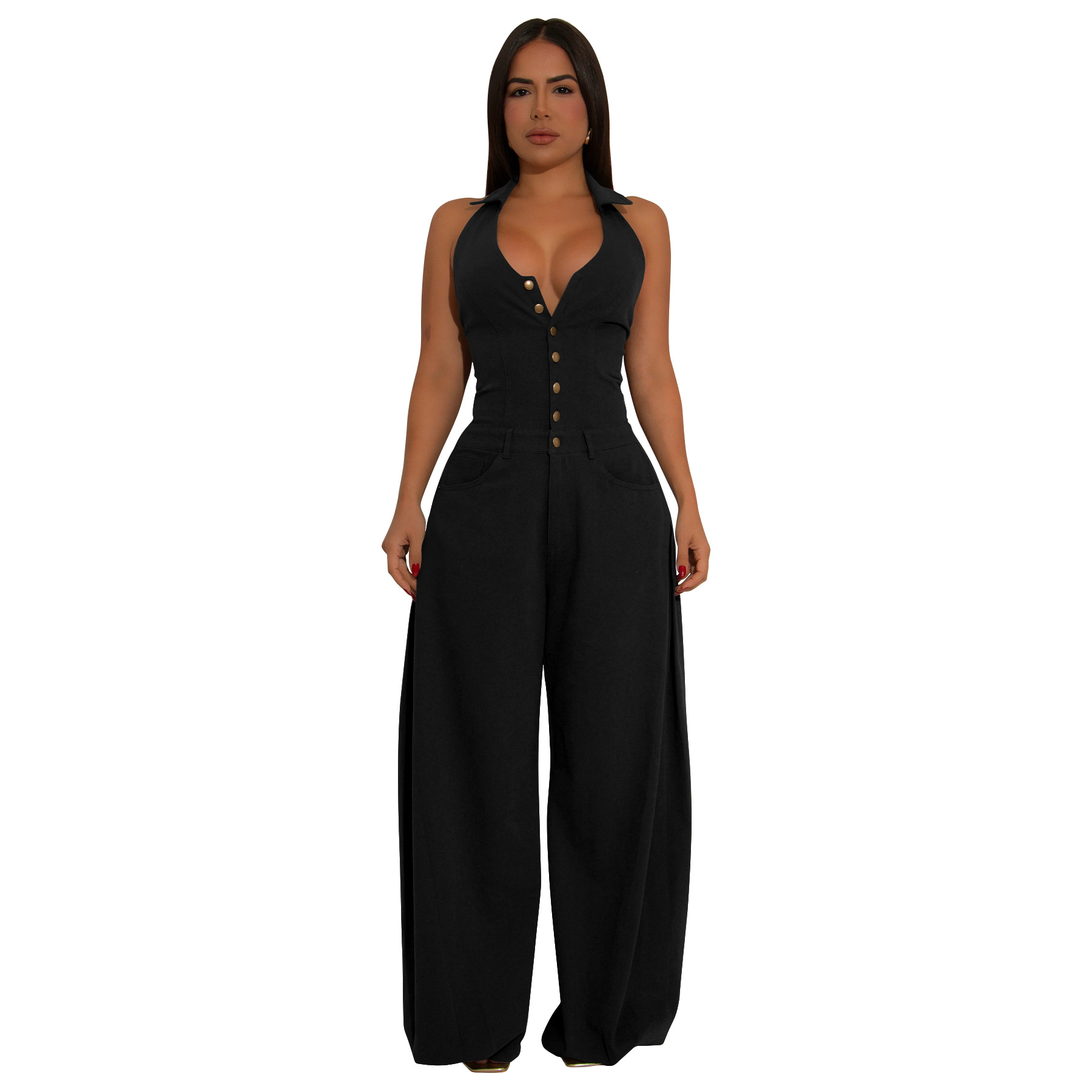 Fashion Women's Sleeveless Backless Jumpsuit Casual Pocket_ecoleips.com