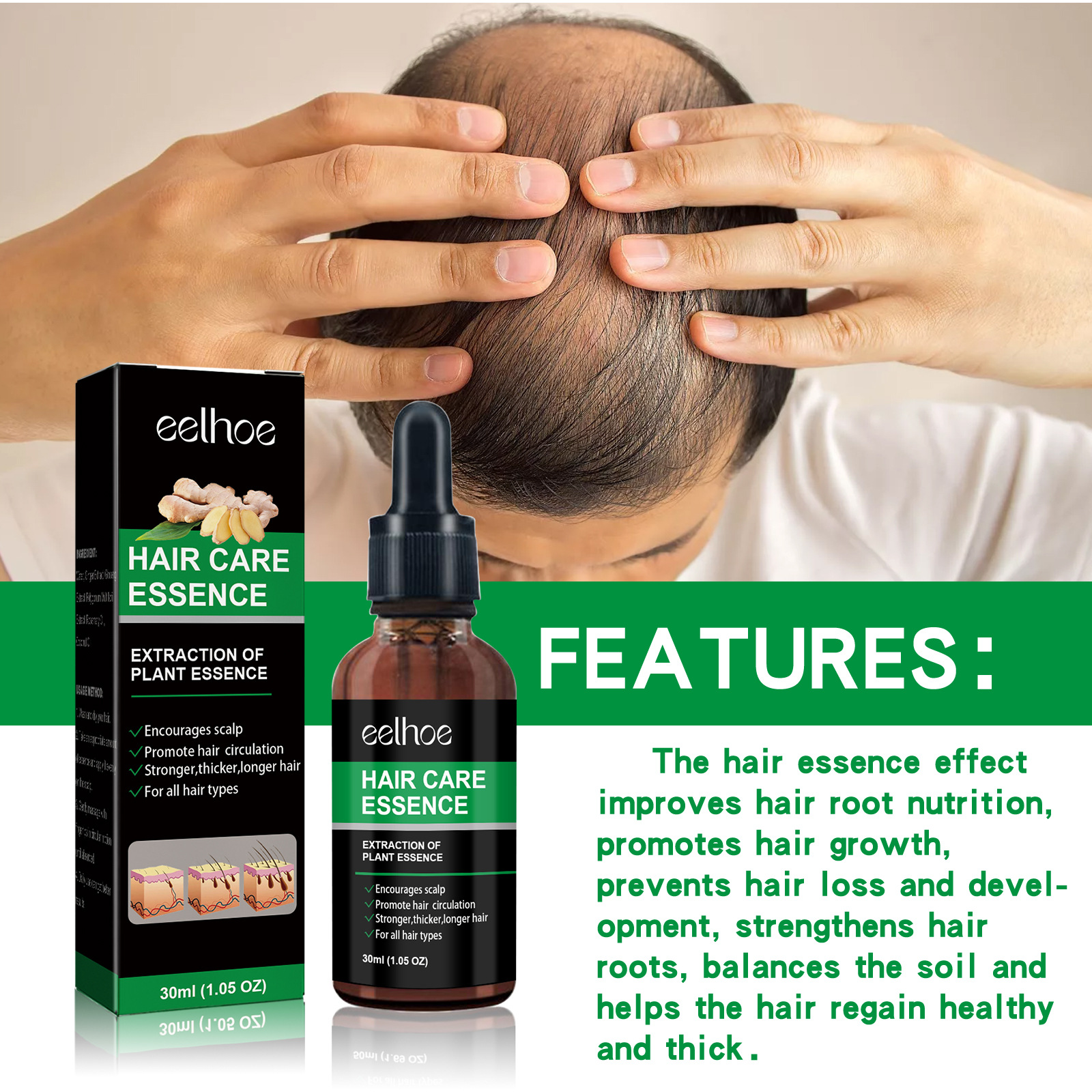 eelhoe Ginger Thick Hair Essence Hair Anti-Fall Firming Hair Roots Thick and Strong Repair Moisturizing Scalp Care_voghion.com