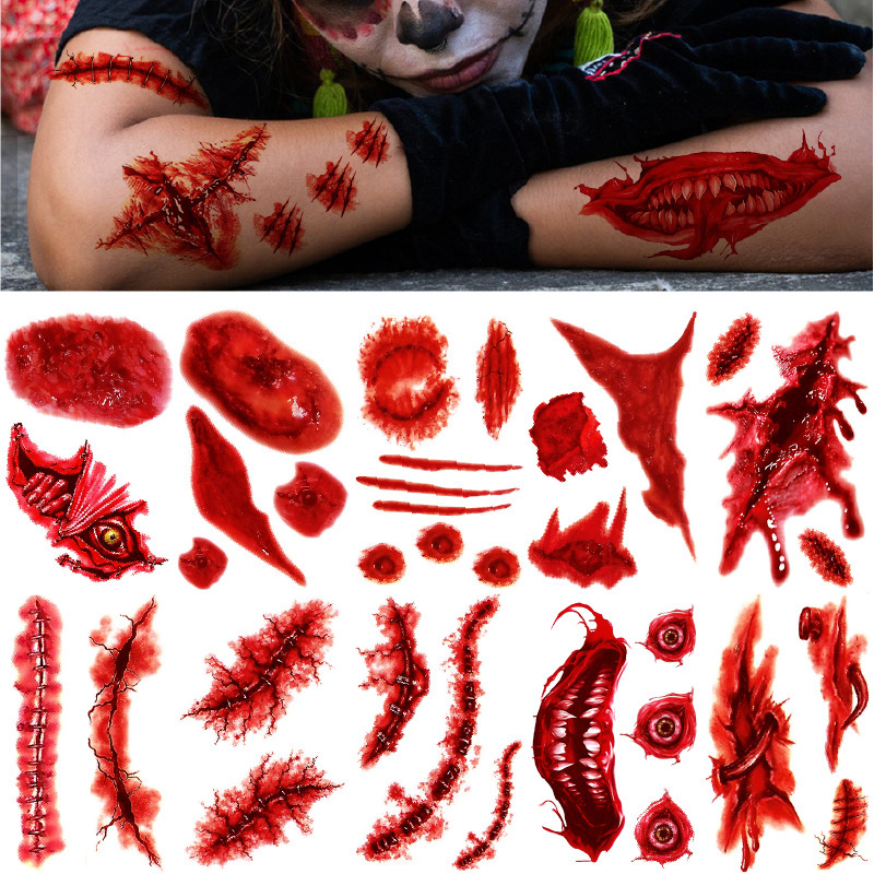 Cross-Border New Halloween Tattoo Stickers for Face, Bloody Wounds, Scars, Scary Big Mouth, Waterproof Scar Tattoo Stickers