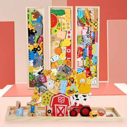 Cartoon traffic animal three-dimensional puzzle wooden puzzle children's baby wooden early education toys