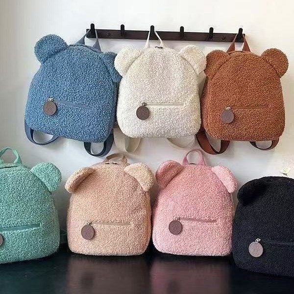 跨境热销个性化羊羔绒可爱毛绒双肩包女学生小熊书包双肩小背包