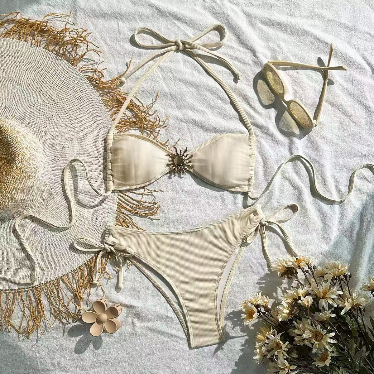 Elegantes Hochtailliertes Aprikot Bikini Set Damen Strandmode_voghion.com
