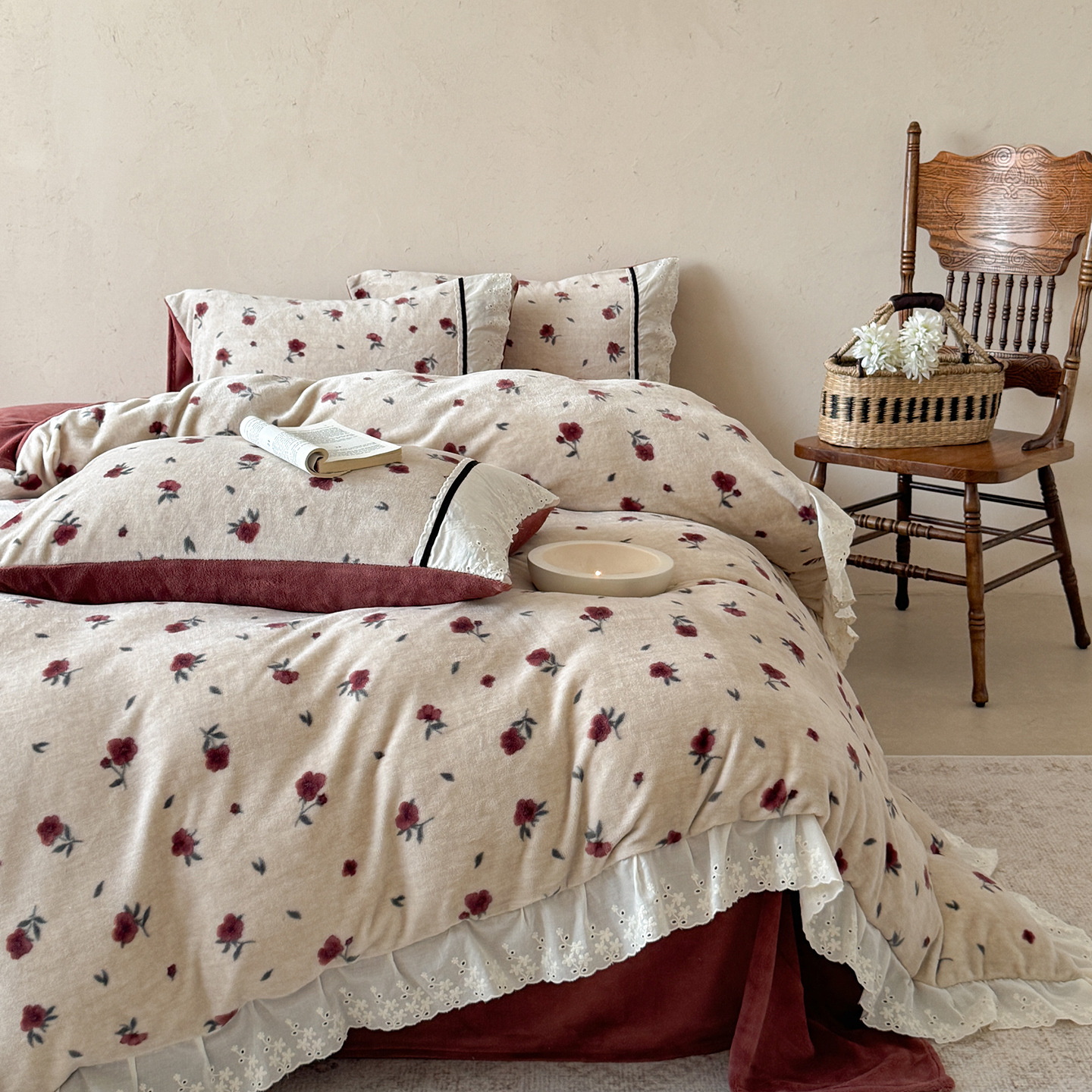 Set di quattro pezzi caldo e ricamato in velluto di latte, stile vintage francese boho, autunno/inverno, in stile vintage francese, con finiture in pizzo e morbido copripiumino._voghion.com