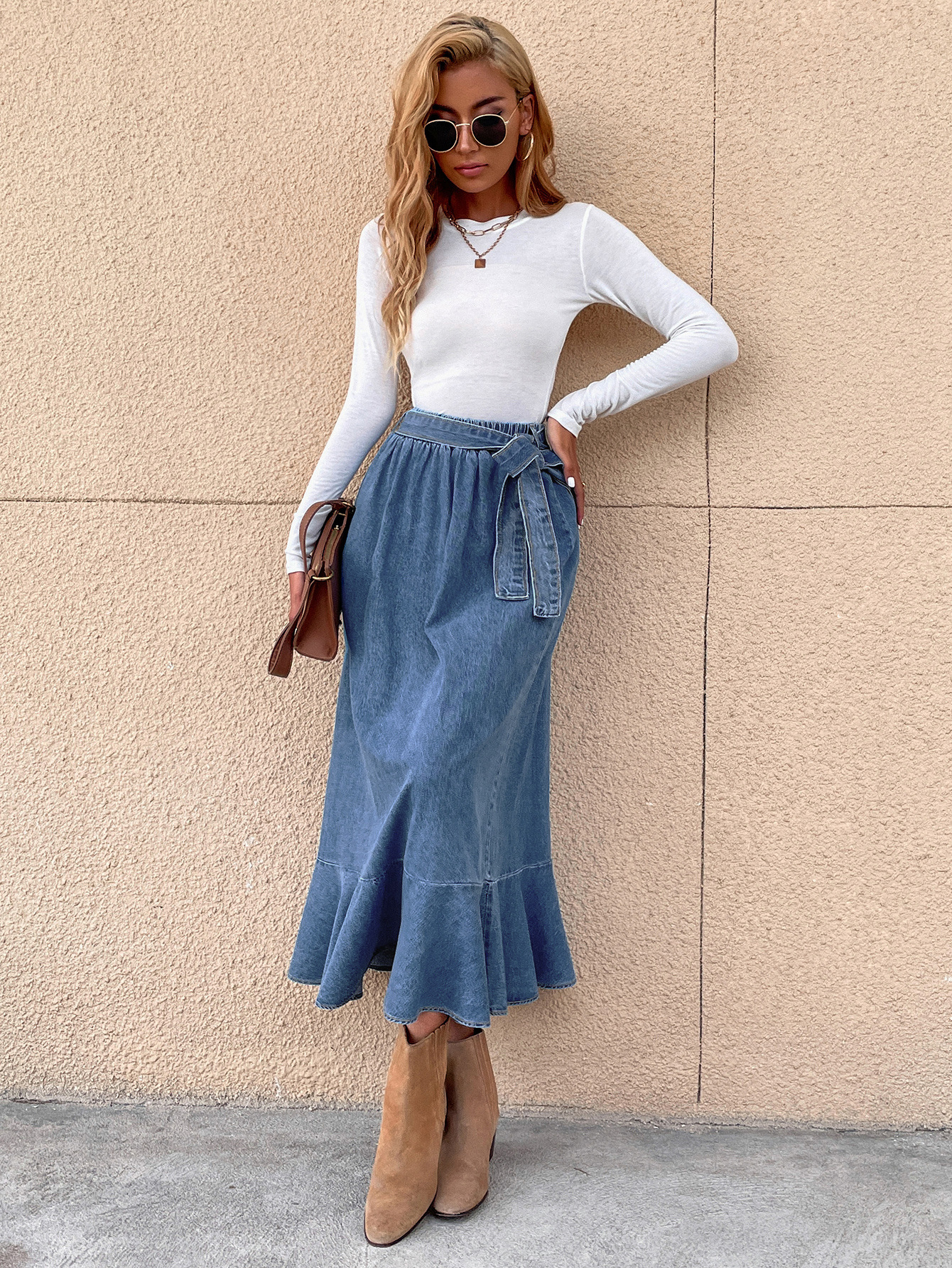 High-Waist Pleated Ruffled Package Hip Denim Skirt NSJM79883