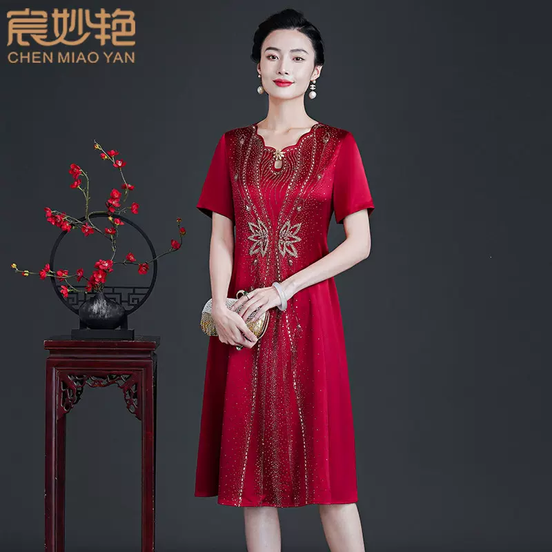 中老年女装夏装新款婚礼妈妈装礼服中长款气质高贵珠绣醋酸连衣裙