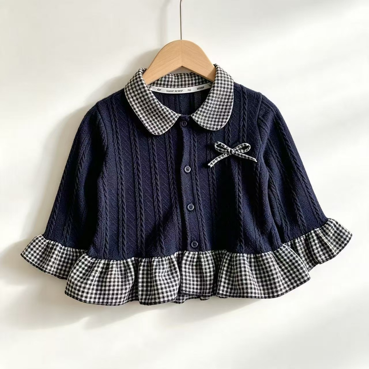 Spring and Autumn New Children's Bowknot Blouse, Girls' Lace Long-Sleeve Shirt with Collar, Versatile Stylish Plaid Top
