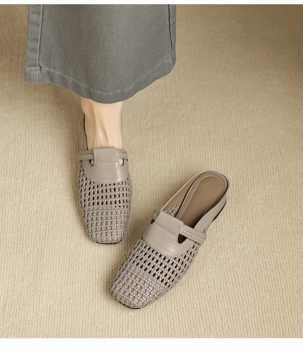 Dép sandal nữ quai chữ V đan dệt, gót thấp 3 cm, phong cách vintage — đen chi tiết 7