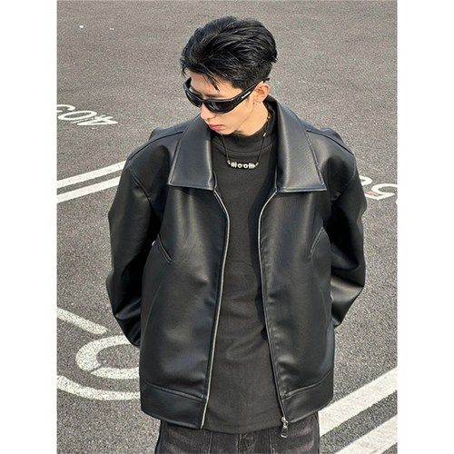 Black Collar Solid Leather Jacket for Men, American High Street Retro, Advanced Sense of Style, Cool and Daring, Spring and Autumn Motorcyclist Jacket