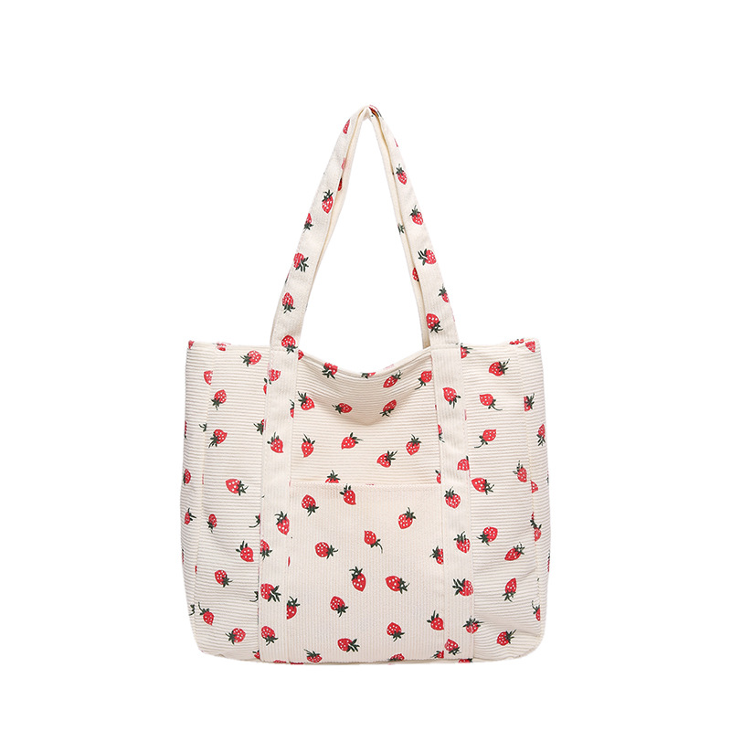 Strawberry Print Corduroy Zip Double Handle Tote Bag 5