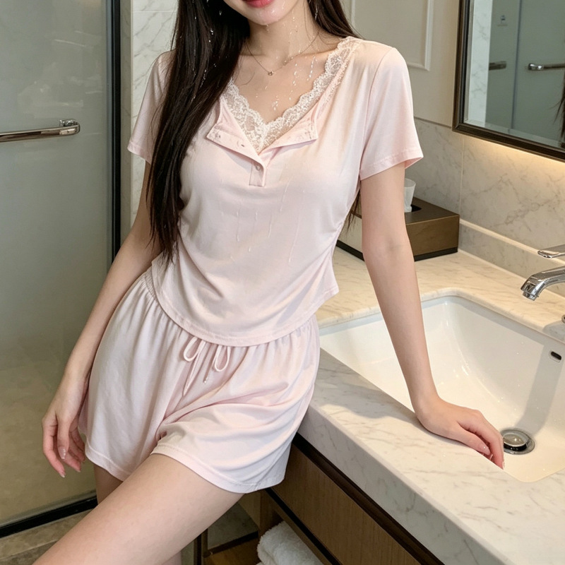 Pajama Set for Women Summer 2026 New Model Modal Short-Sleeved Sweet Lace Trim with Chest Pad Home Wear Two-Piece Set