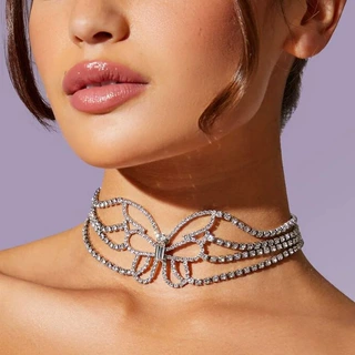 满钻镂空蝴蝶项链女小众高级感辣妹多排项链颈链欧美跨境夸张配饰