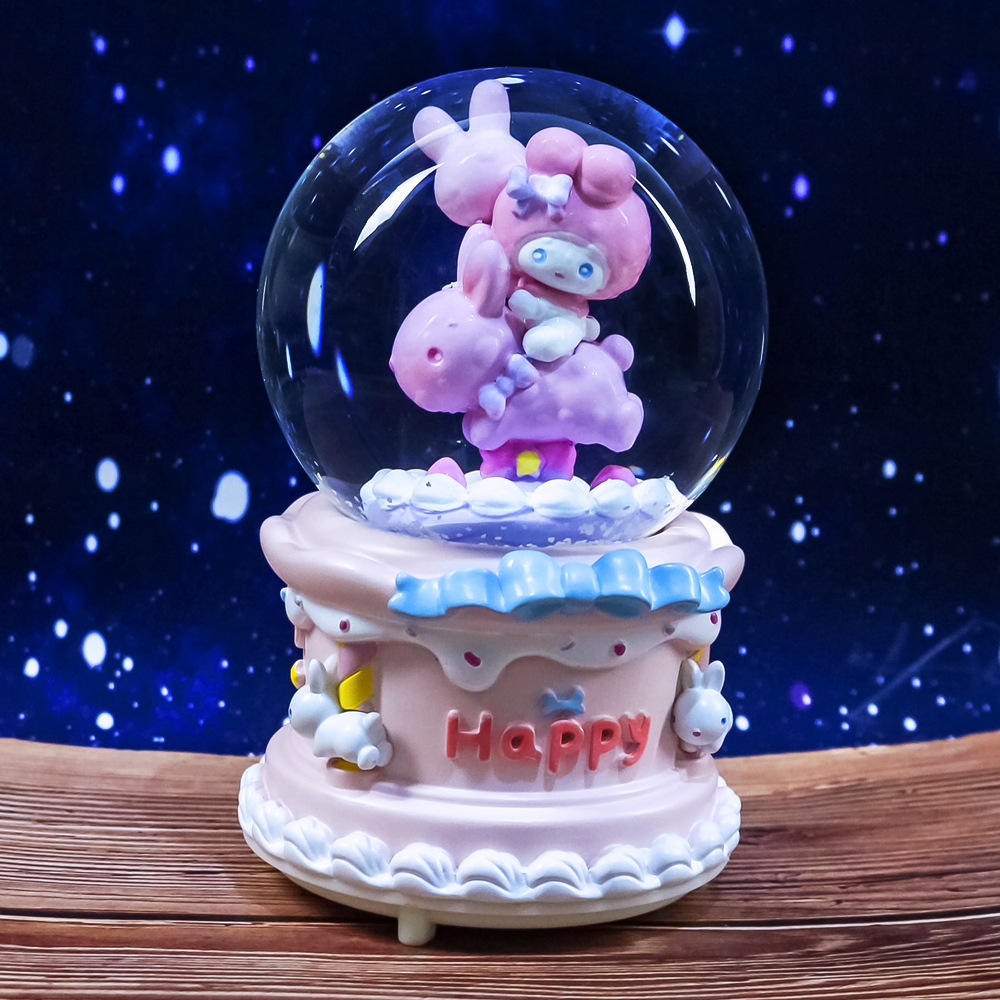 Nueva bola de cristal de mapache rosa pequeña, nieve, caja de música luminosa, luz nocturna, caja de música de regalo, artesanía de una pieza