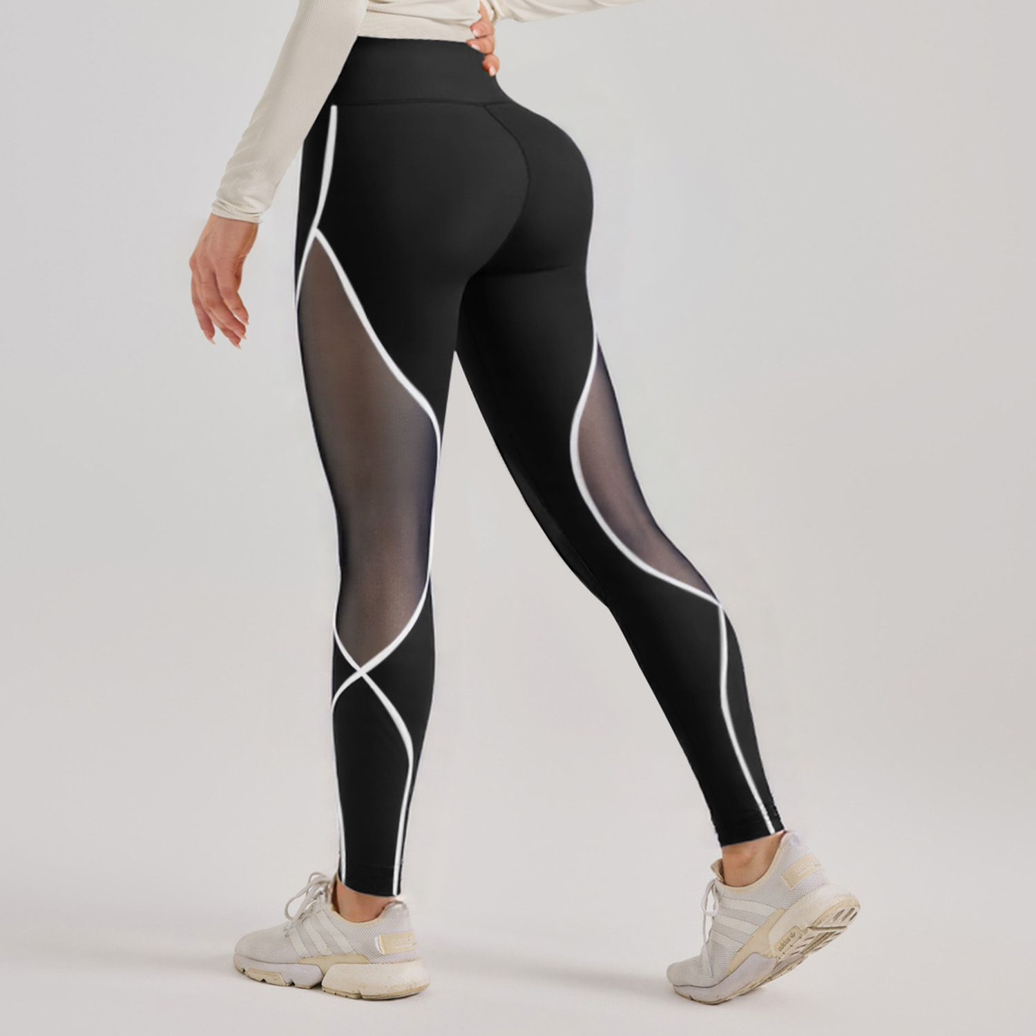 Pantalones de yoga de malla a juego de color de zona transfronteriza, costuras europeas y americanas, cintura alta, glúteos, pantalones deportivos para correr, mujeres