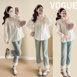 Spring New Embroidered Craft Cotton Shirt Korean Loose Pregnant Women's Top Long Pants