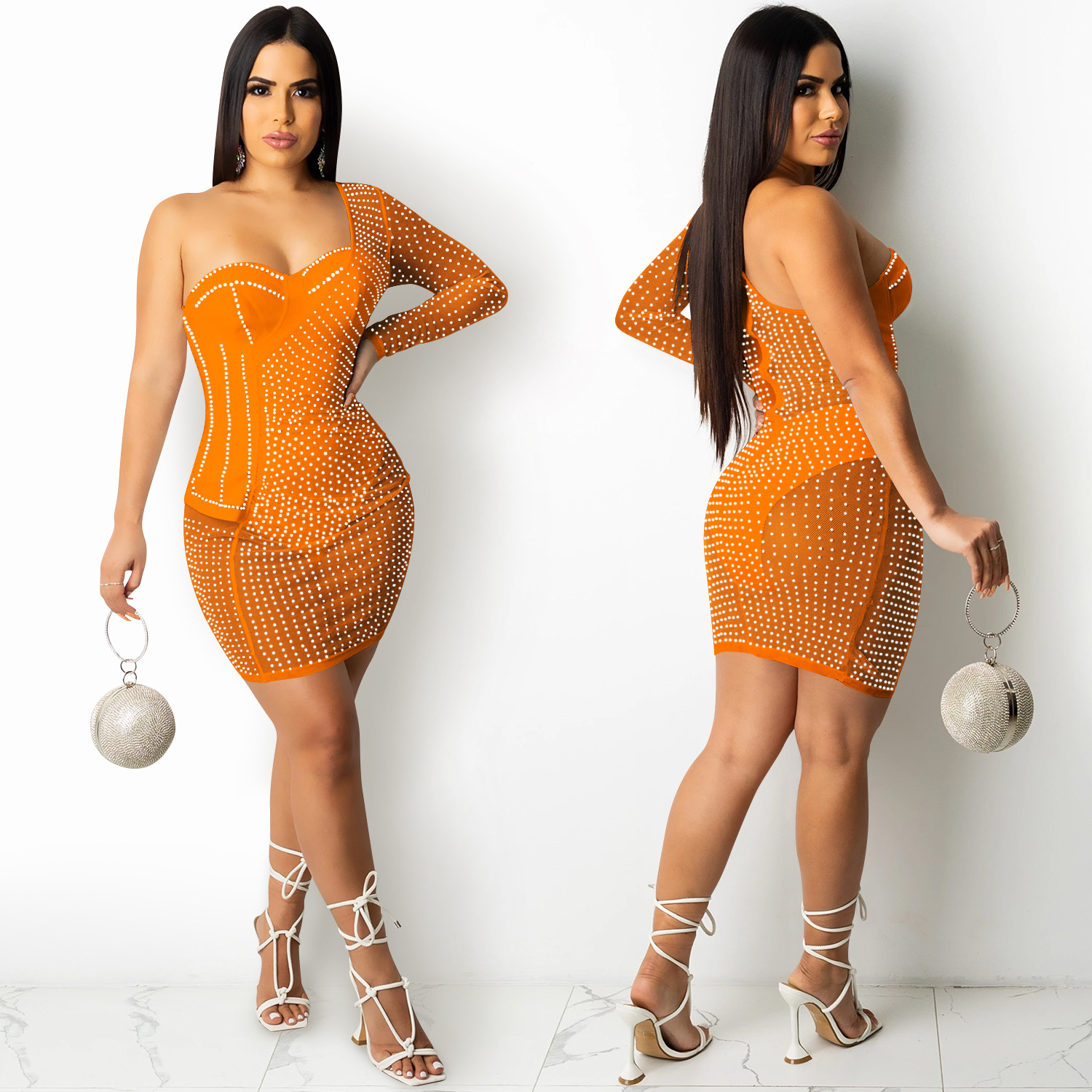 X5335 transfronterizo europeo y americano nuevo club nocturno sexy color sólido ropa de mujer rhinestone malla perspectiva hombro falda vestido image 3