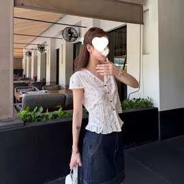 夏季棉领清新碎花设计微修身显瘦短袖衬衫小众简约新款
