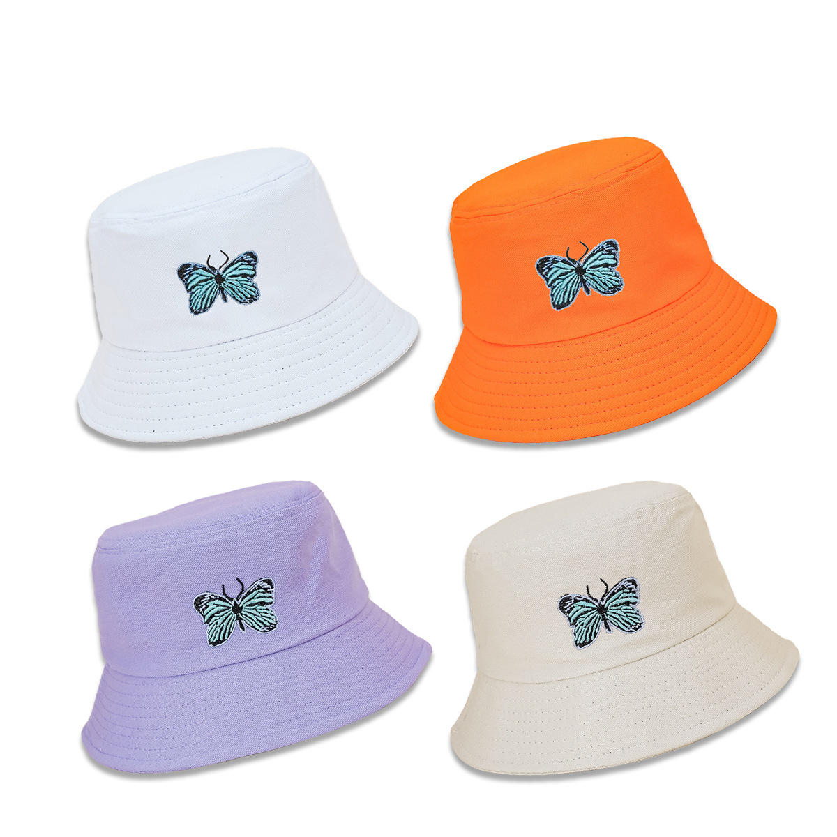 Nuevo sombrero de pescador de mariposa azul bordado simple todo partido sombrero de mujer de ala ancha cara de aspecto pequeño sombrero de lavabo de moda estilo coreano sombrero para el sol