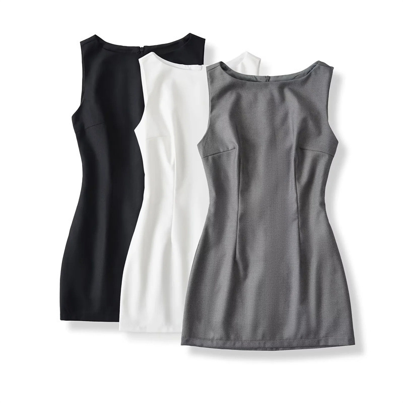 Elegant Workplace Sleeveless Suit Dress for Women, Summer Round Neck, Waist-Cinching, Retro Casual, Pure Desire Style, Tank Top Short Dress